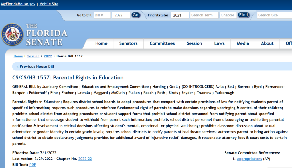 Florida Bill 1557 Parental Rights in Education Act